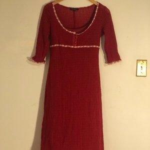 Betsey Johnson, red dress with flower neckline and 3/4 sleeve. Large.